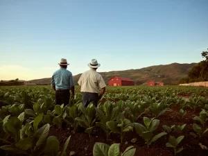 Two men standing in a field of tobacco.
