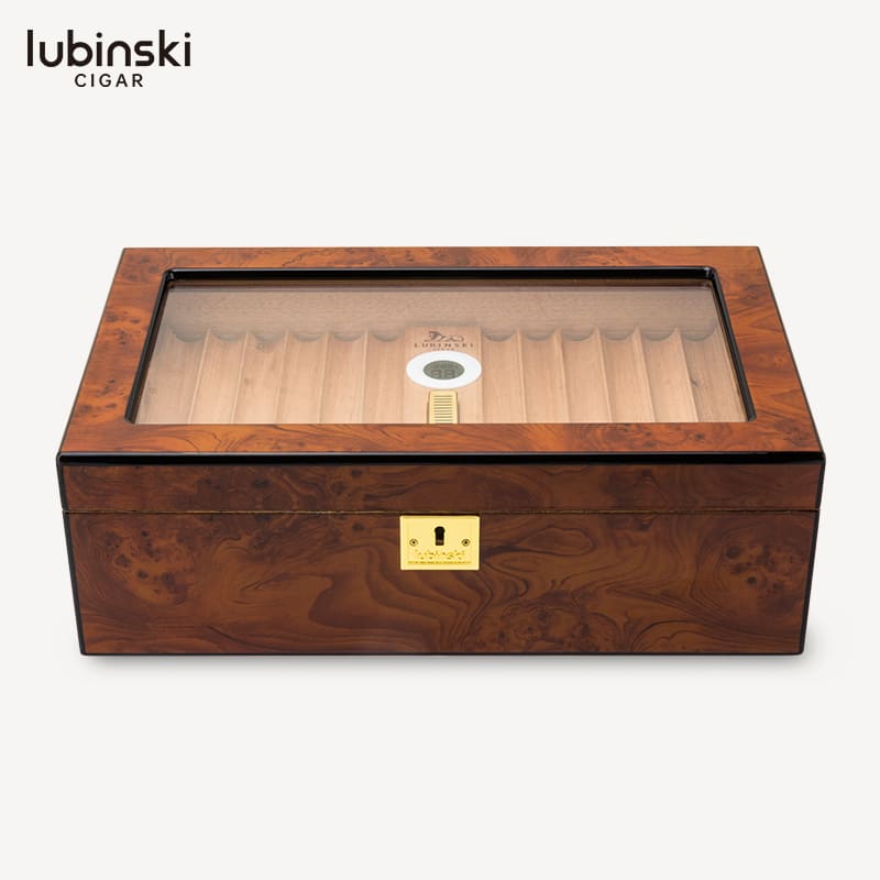LUBINSKI WOODEN PATTERN CIGAR HUMIDOR WITH RECTANGULAR CLASS TOP 50