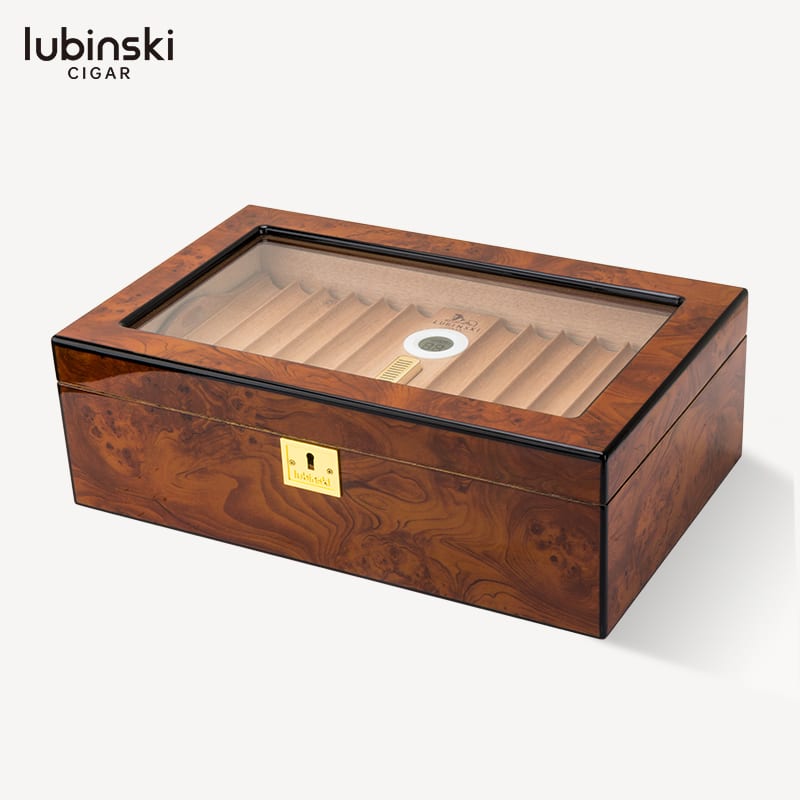LUBINSKI WOODEN PATTERN CIGAR HUMIDOR WITH RECTANGULAR CLASS TOP 50